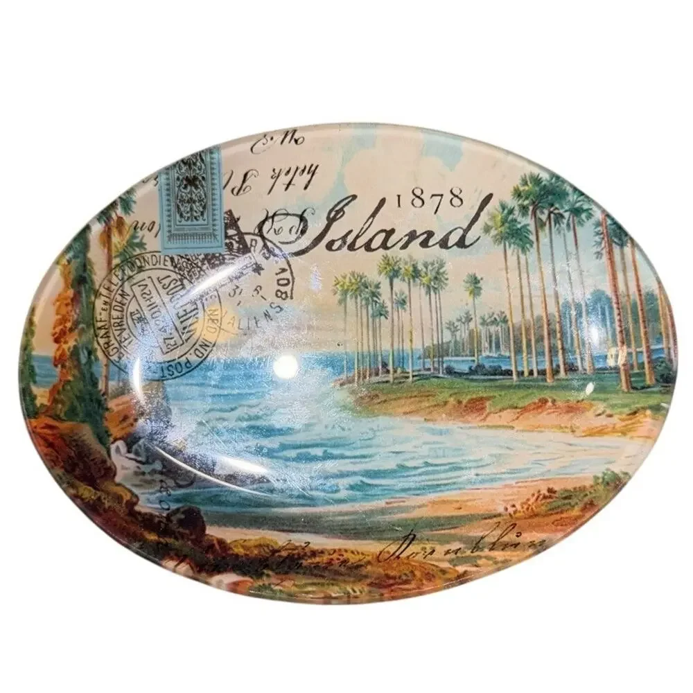 Michel Design Works “Beach” Glass Oval Soap Dish Island Caribbean Palm Trees